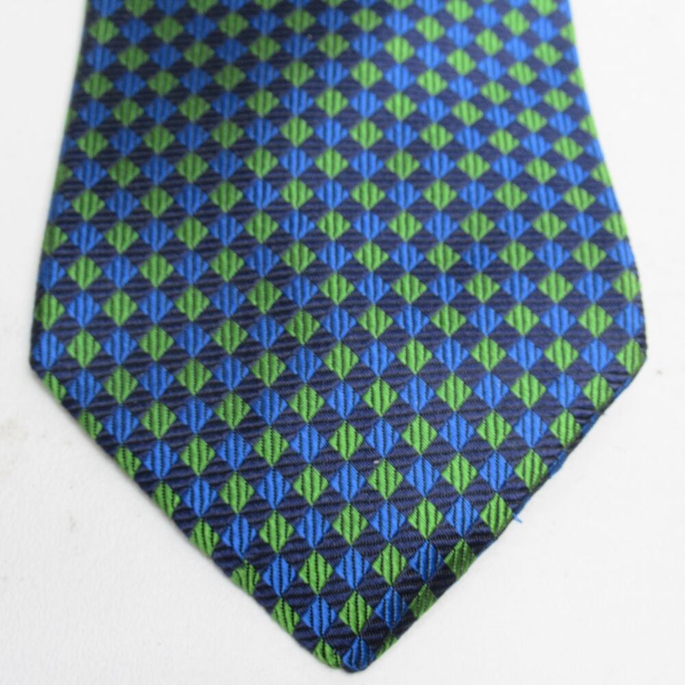 Geoffrey Beene Neck Tie Mens 58 in Silk Blue Green Diagonal Weave Plaid Wide